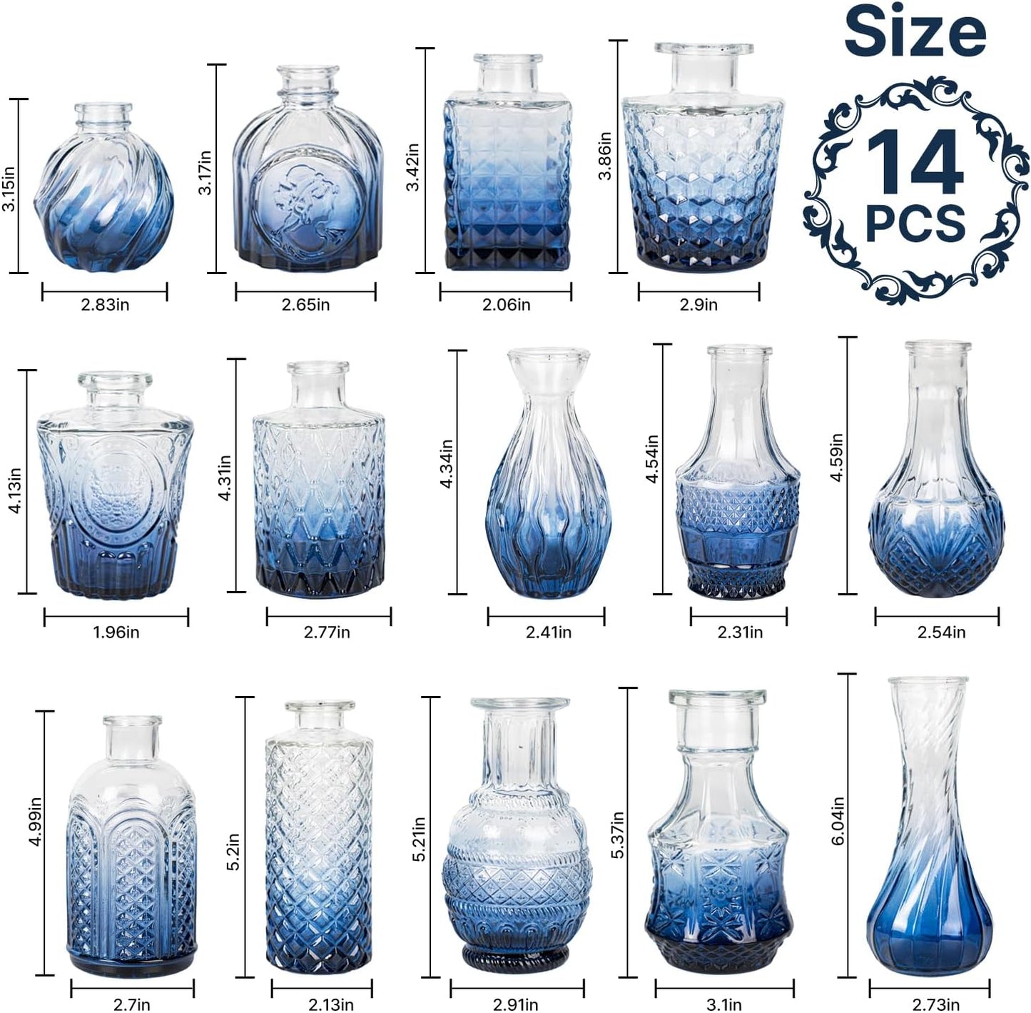 Clear Glass Bud Vase Pcs / Gradient Blue / Set of 14