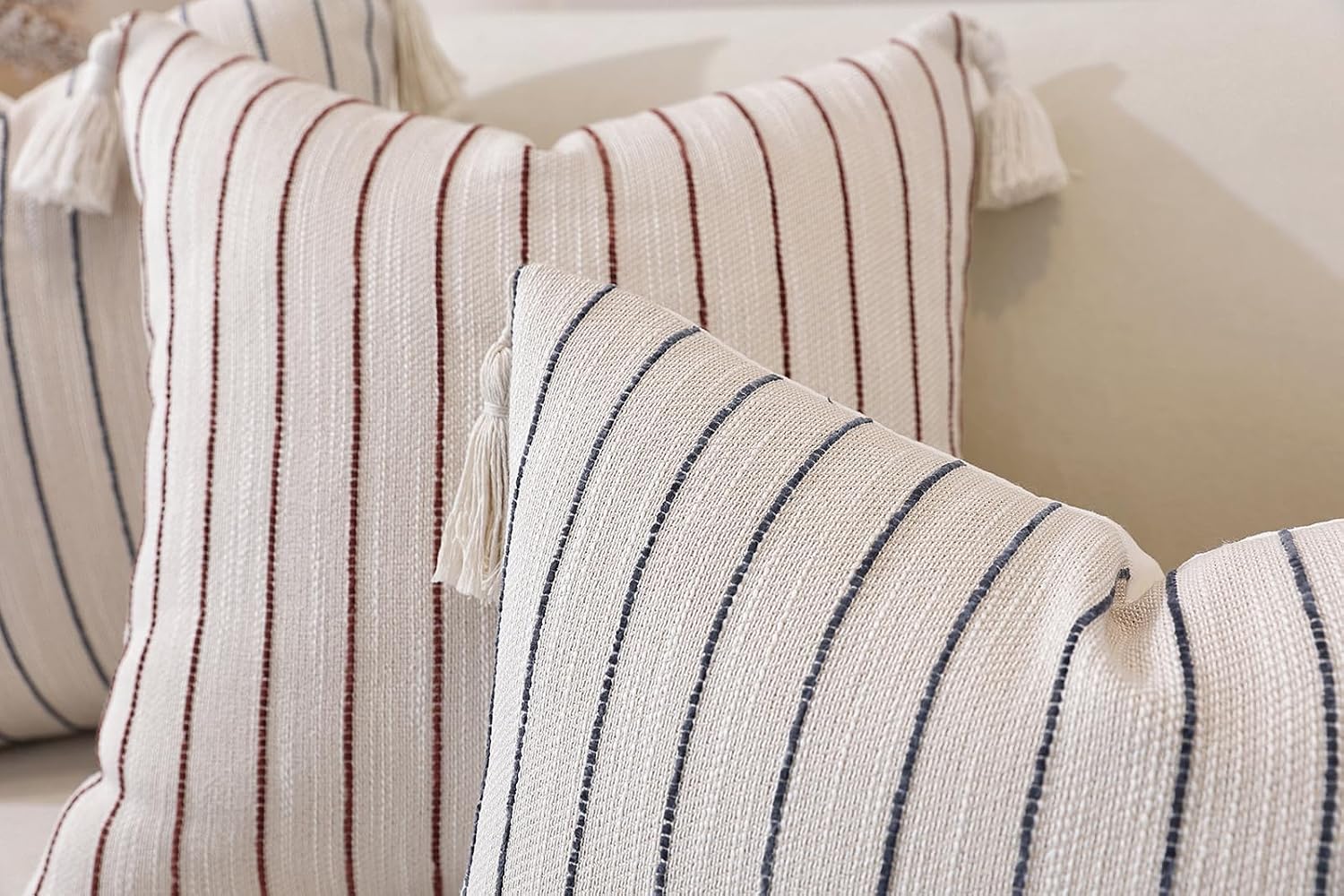 Decorative Boho Throw Pillow Covers / Coffee Brown Striped Paneled / 18 x 18 / Set of 2