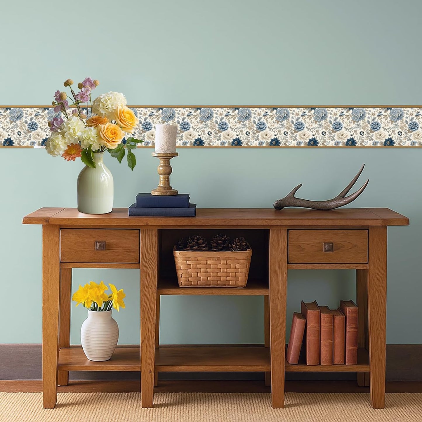 Blue Floral Wallpaper Border Peel and Stick Removable Vinyl Wall Border / Blue Floral#2 / 196 x 4