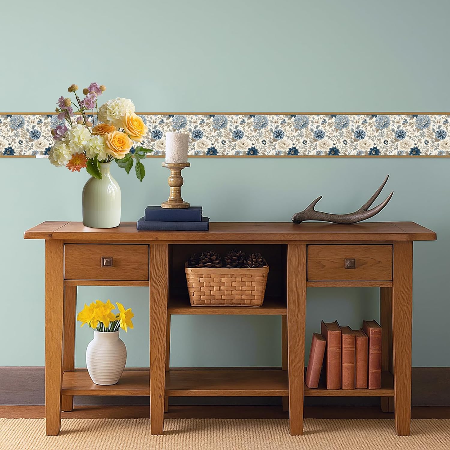 Blue Floral Wallpaper Border Peel and Stick Removable Vinyl Wall Border / Blue Floral#2 / 196 x 4
