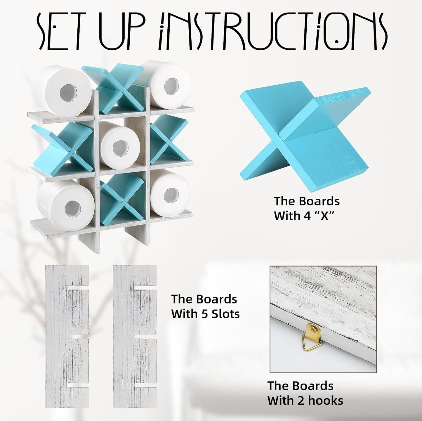 Weysat Tic Tac Toe Toilet Paper Holder,White, Light Blue | Farmhouse Bathroom Decor, Freestanding or Wall Mount Storage