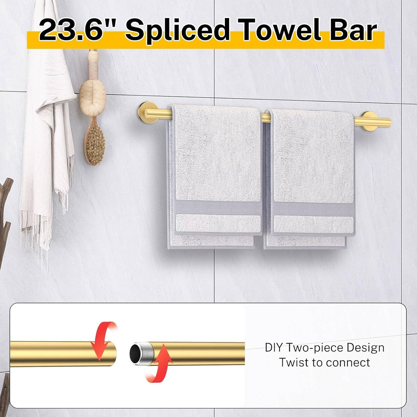Brushed Gold Bathroom Hardware Set 5 Pieces Towel Bar Set Round Towel Holder Set for Bathroom,Upgraded Toilet Paper