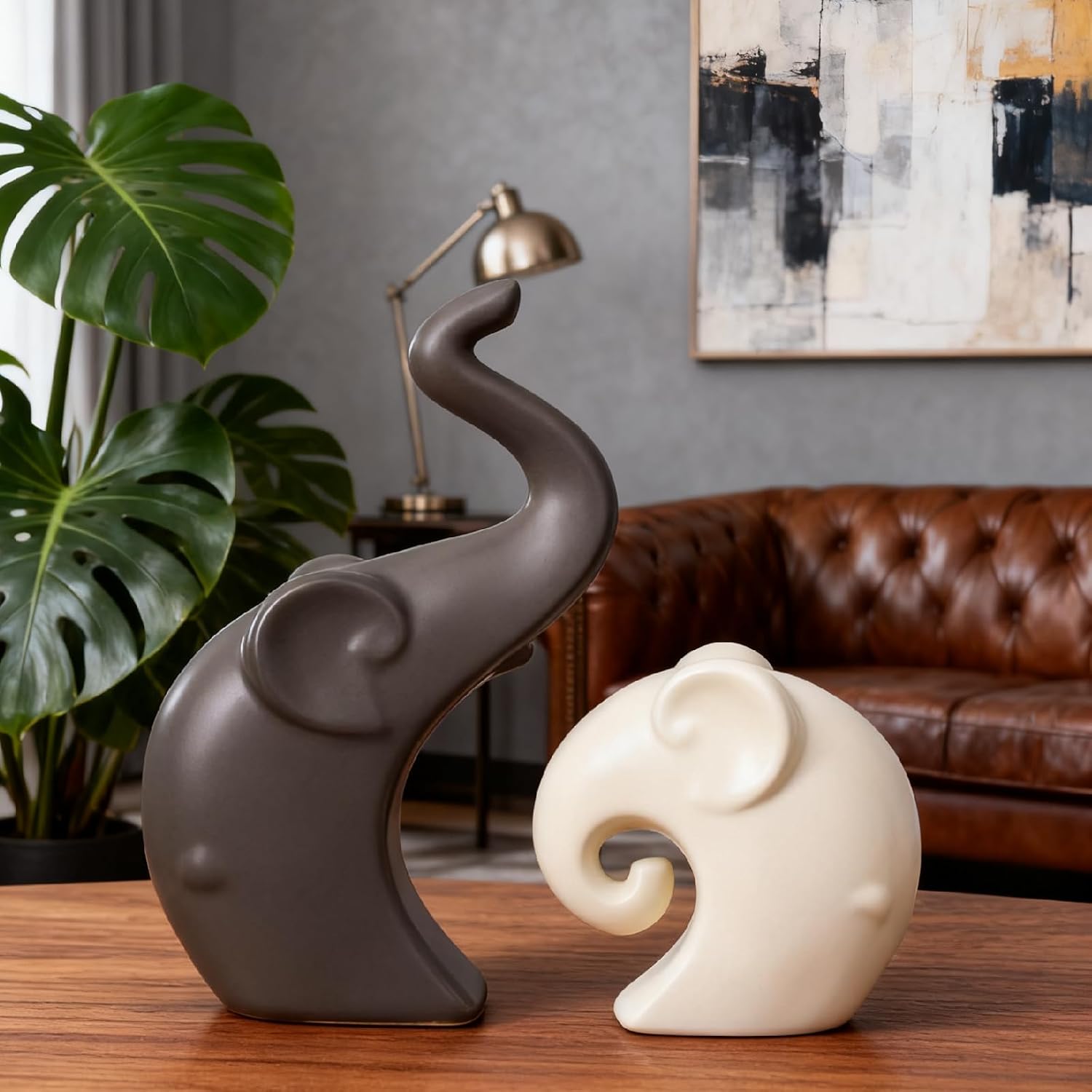 Ceramic Elephant Couple Statues