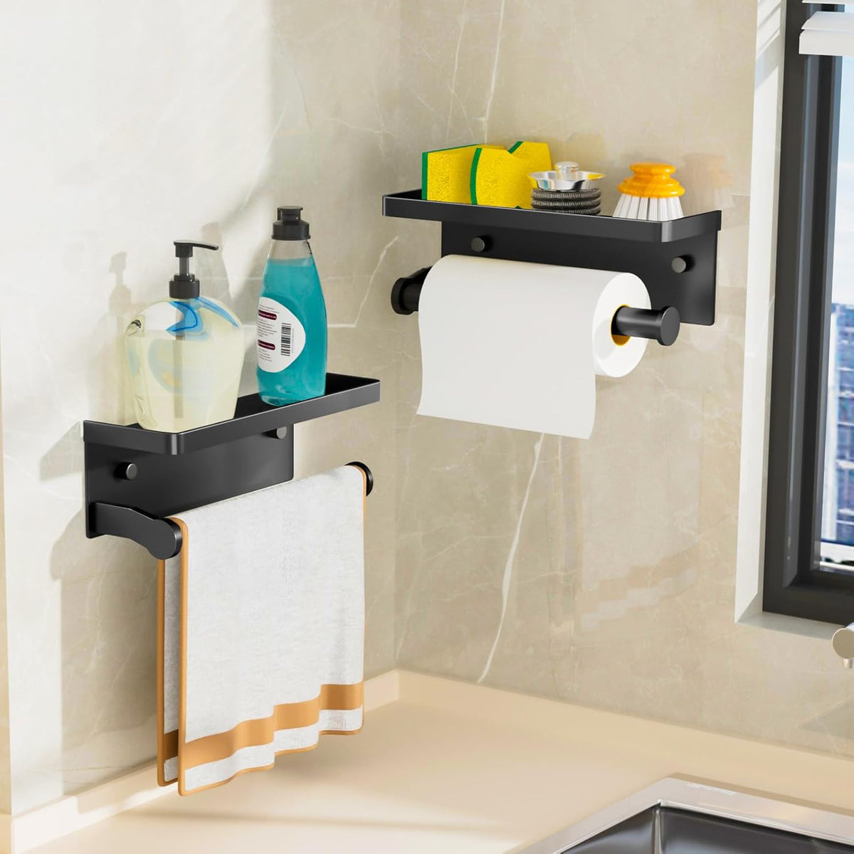 Black Paper Towel Holder with Shelf, Wall Mount Paper Towel Holder for Bathroom Kitchen, Hand Towel Rack Holder,Paper