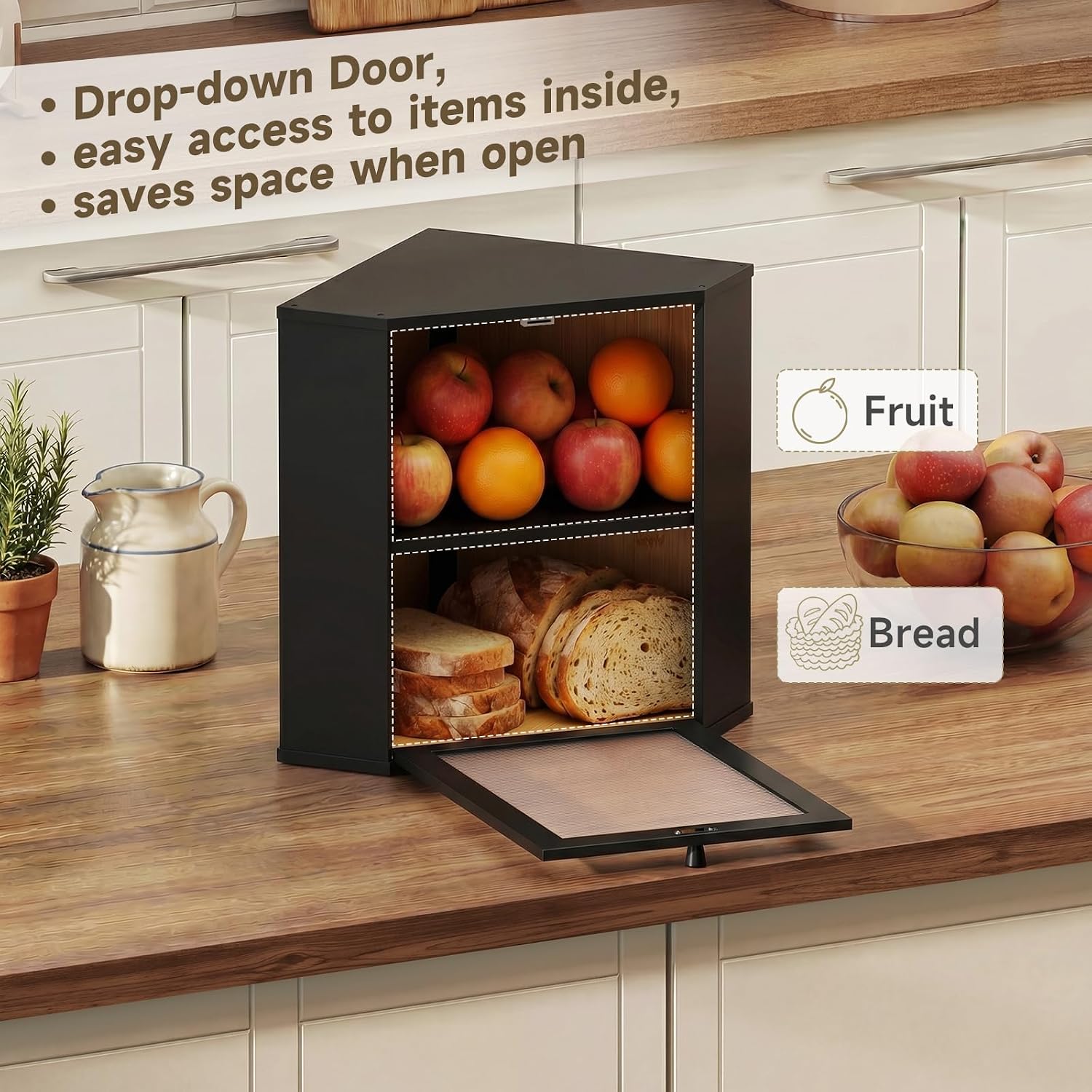 Bread Box for Kitchen Corner Countertop,Large Bread Basket (Black, X-Large) | Double Layer Bamboo Bread Storage
