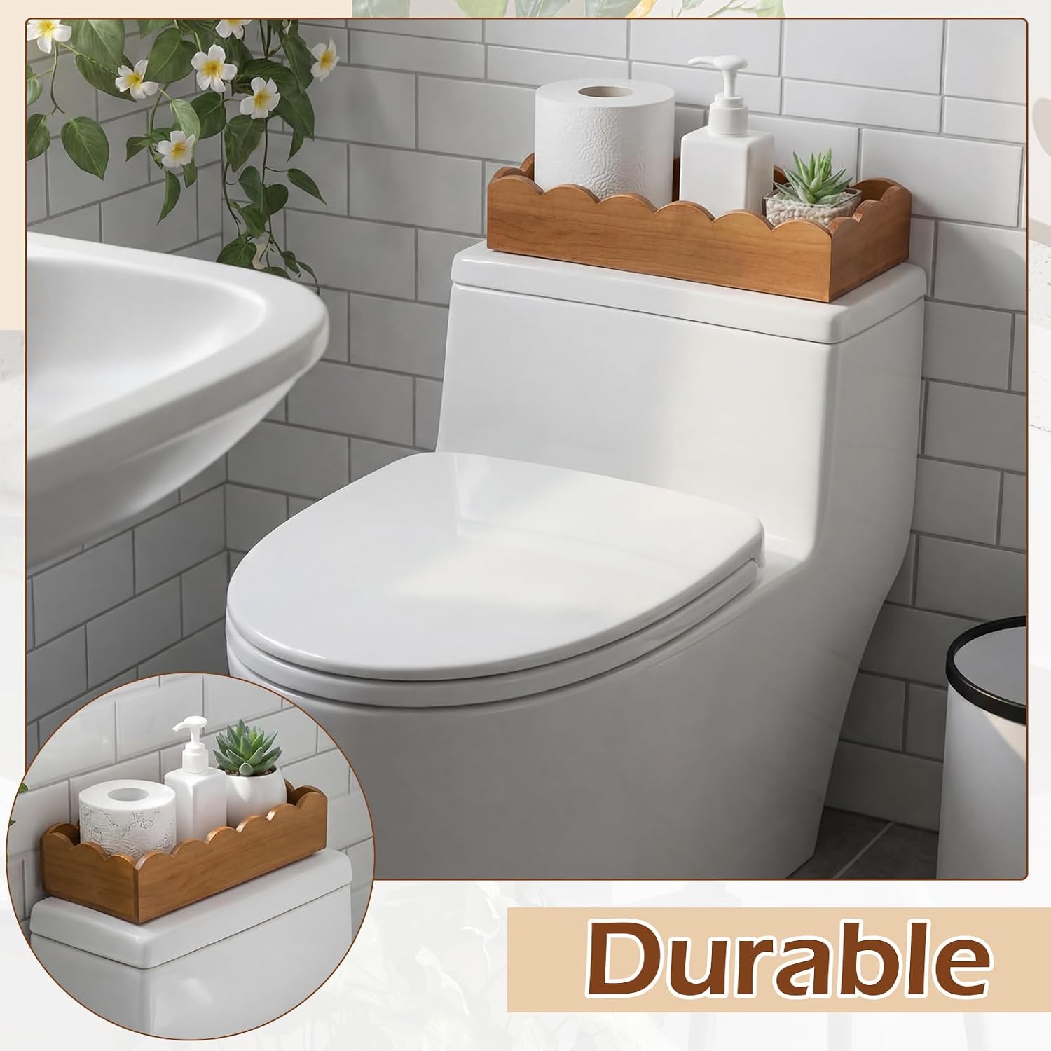 Toilet Paper Basket Storage Scalloped Wooden Toilet Tank Tray Topper Farmhouse / Walnut Wood