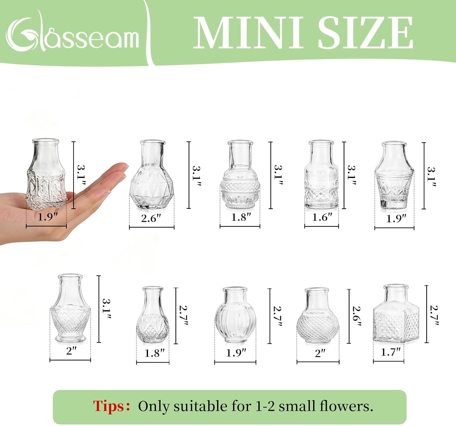 2.7" Mini Glass Vase Set for Flowers Decor Wedding Party Baby Shower / Clear / Set of 20