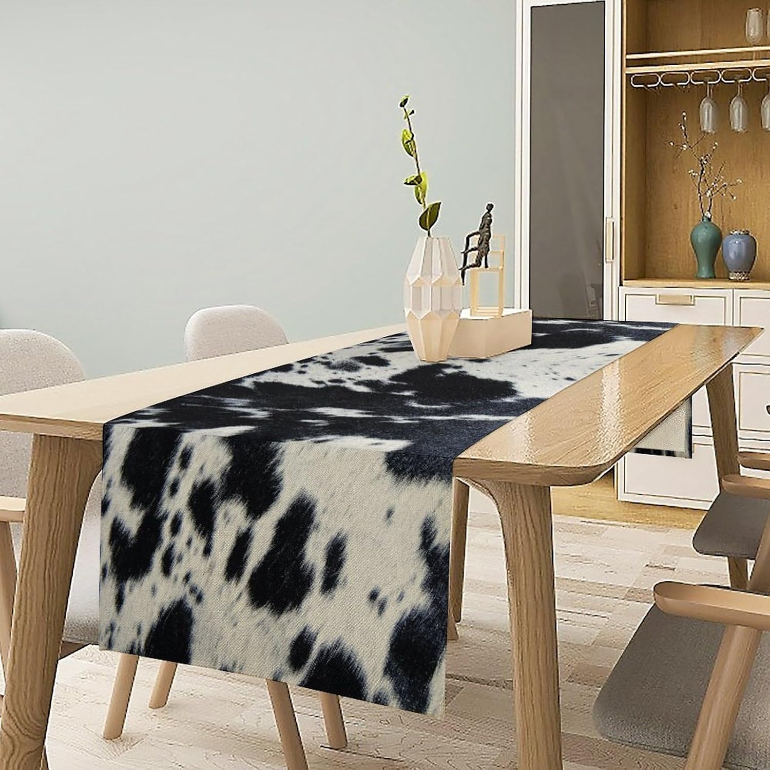 Cow Print Table Runner - Black White Cowhide Western Style Country Farmhouse Patterns Printed Linen for Home Kitchen
