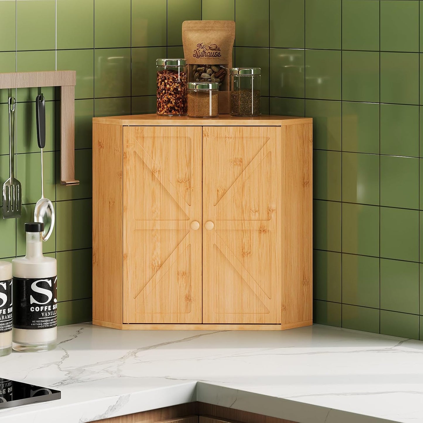 Trironsun Corner Bread Box for Kitchen Counter Double Layer Bamboo Bread Storage Container Large Capacity Bread Storage