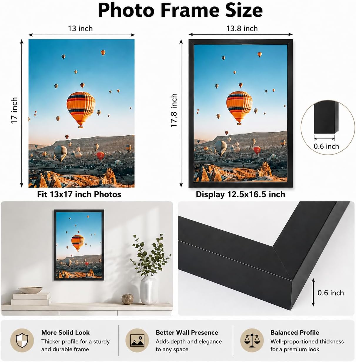 JCJMY 13x17 Black Picture Frame Set of 6, Horizontal and Vertical Formats for Wall Hanging, 13 x 17 Wall Gallery Poster