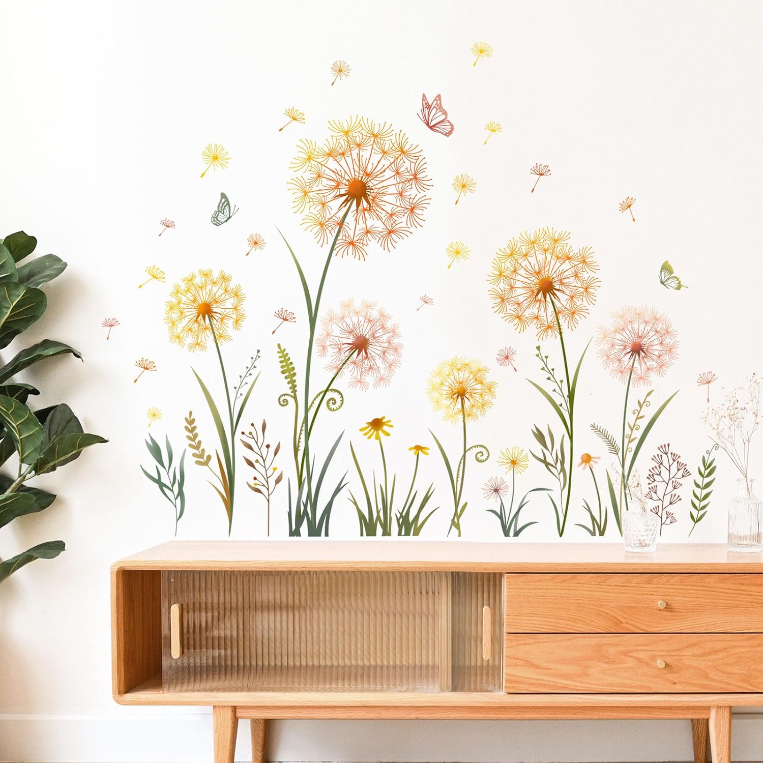 Dandelion Flower Butterfly Wall Decals Dandelion Plants Floral Wall Stickers Peel and Stick / Gold