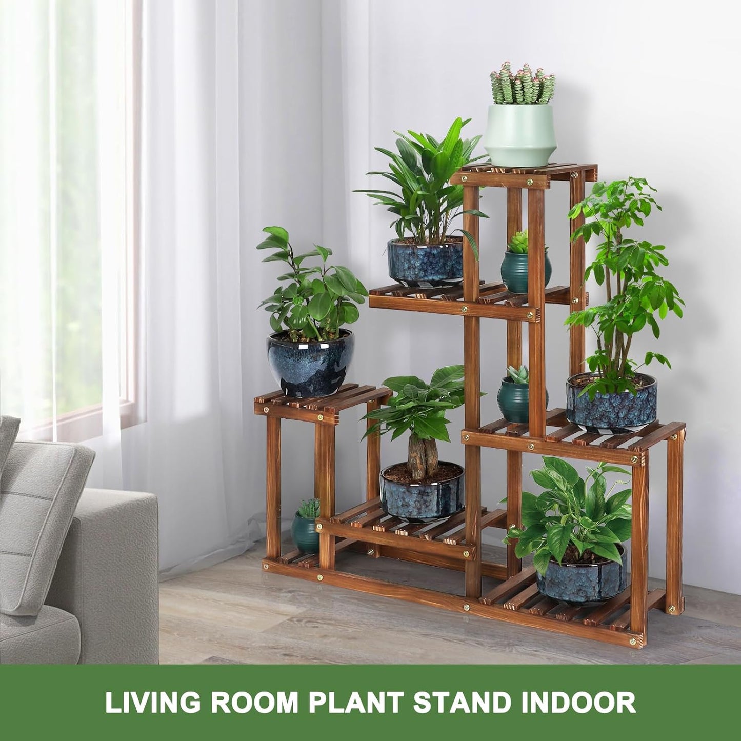Wood Plant Stand Indoor Outdoor Multi Tiered Plant Shelf Holder | Corner High Low Flower Rack Stand for Multiple Plants
