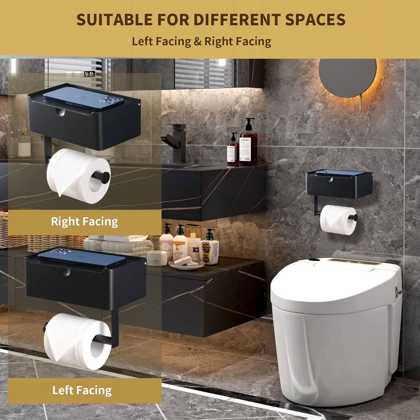 LAYUKI Toilet Paper Holder with Shelf, Wipe Holder for Bathroom, Large, Stainless Steel, Wall Mounted, Matt Black