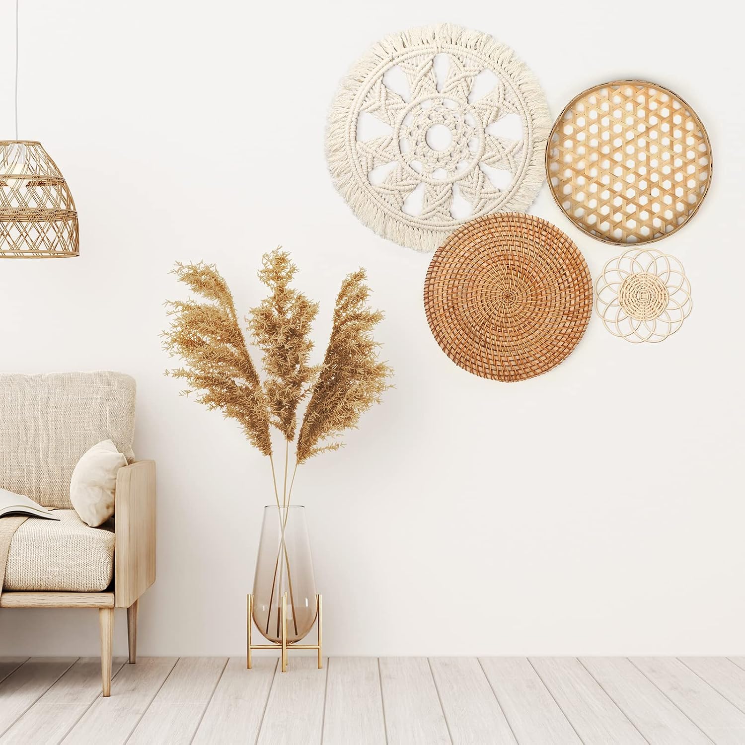 Boho Wall Basket Decor Round Rattan Hollow Bamboo Baskets Flower Shape Flat Woven Wall / Set of 4