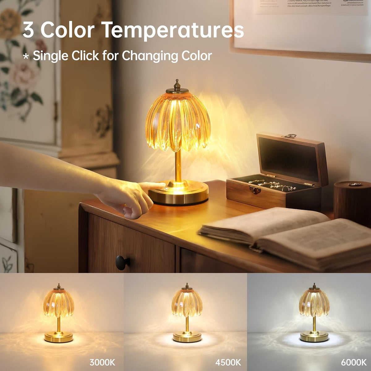 Shenmoyl Set of 2 Tulip Table Lamp with 5200mAh Battery & Touch Control, Cordless Small Table Lamp with 3 Colors