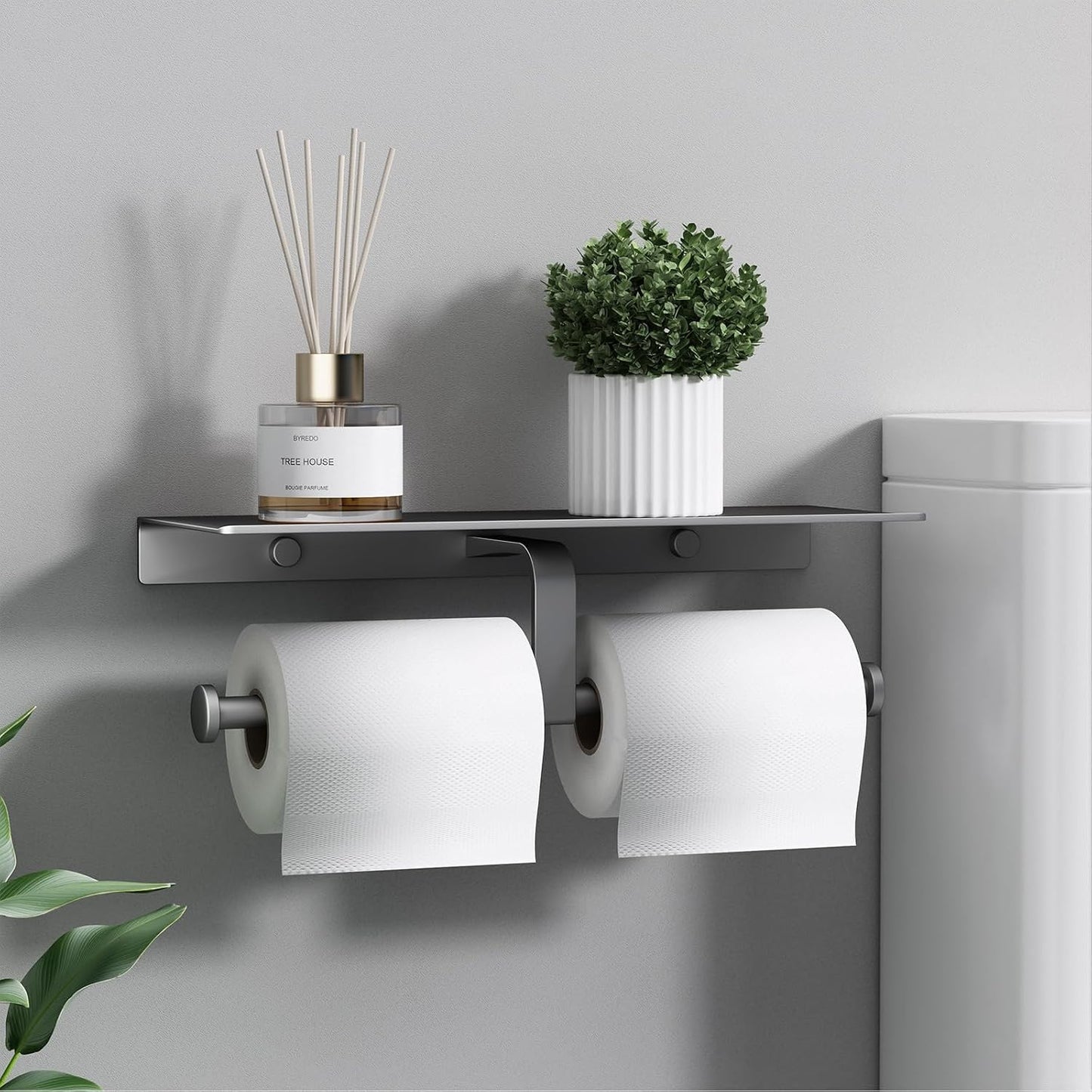 Grey Toilet Paper Holder with Shelf, Double Roll Commercial Toilet Paper Dispenser