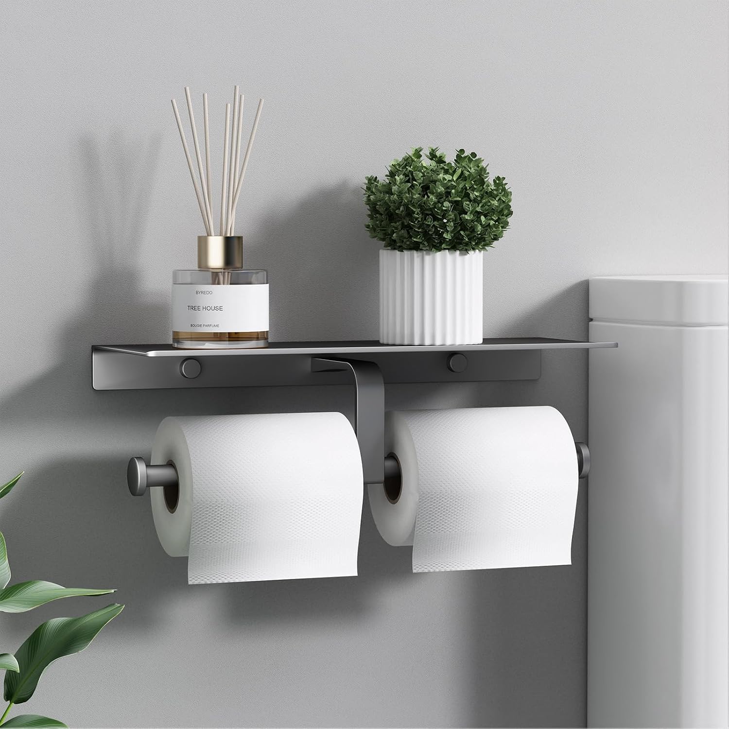 Grey Toilet Paper Holder with Shelf, Double Roll Commercial Toilet Paper Dispenser
