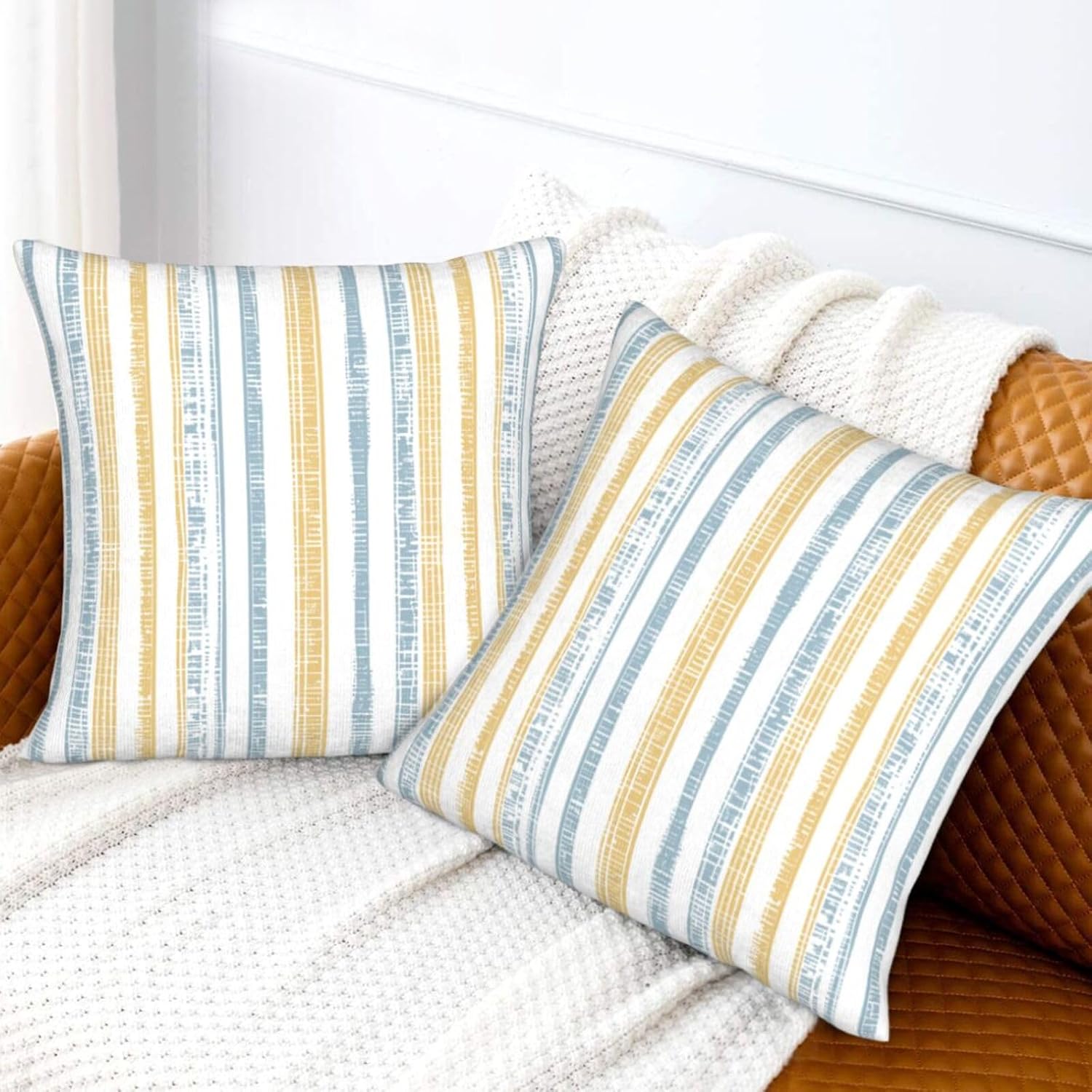 Throw Pillow Covers Outdoor Decorative Pillow / 18 x 18 / Boho Light Blue Yellow Striped / Set of 2