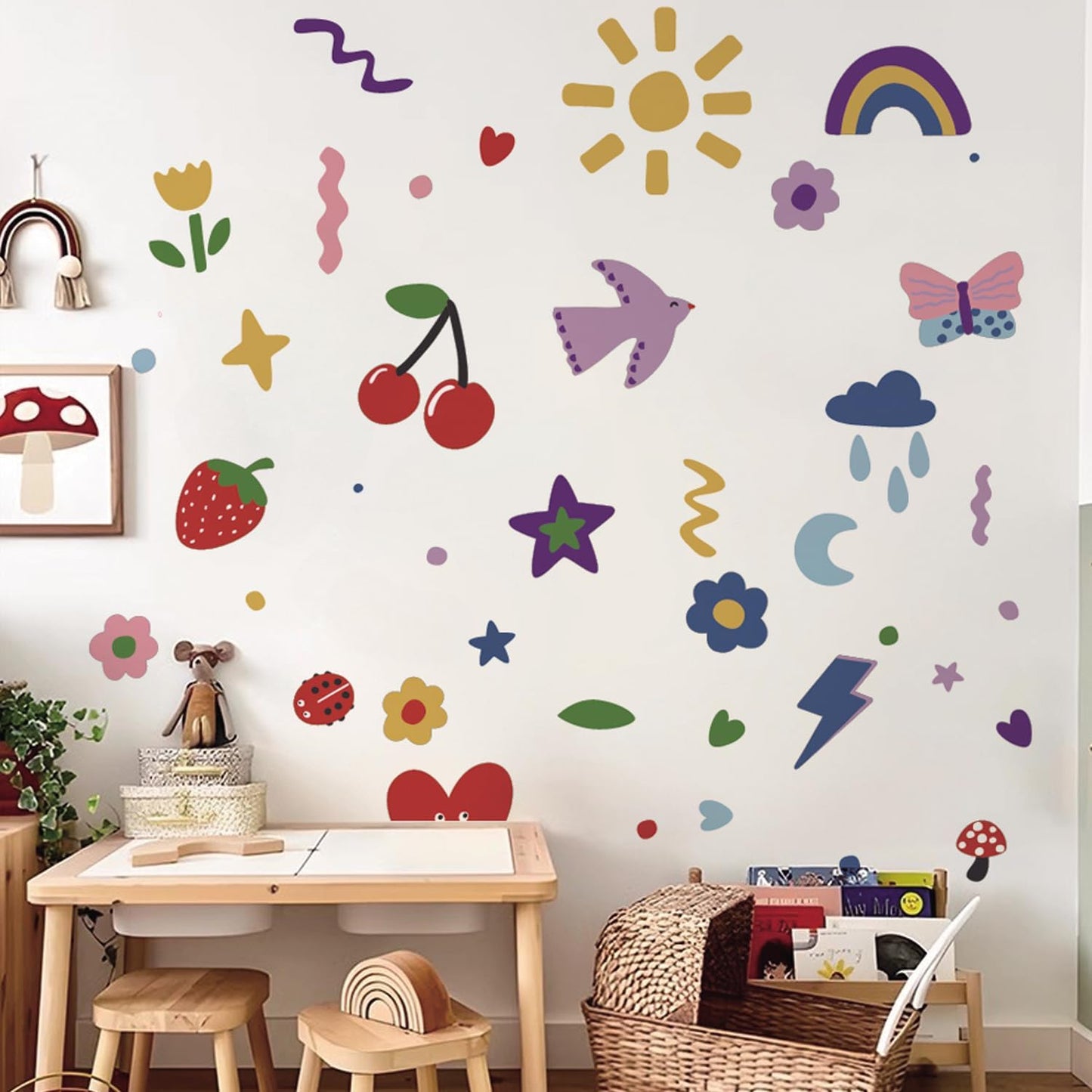 Colorful Rainbow Flowers Fabric Wall Stickers DIY Kids Fun Doodle Decals Removable / Set of 56