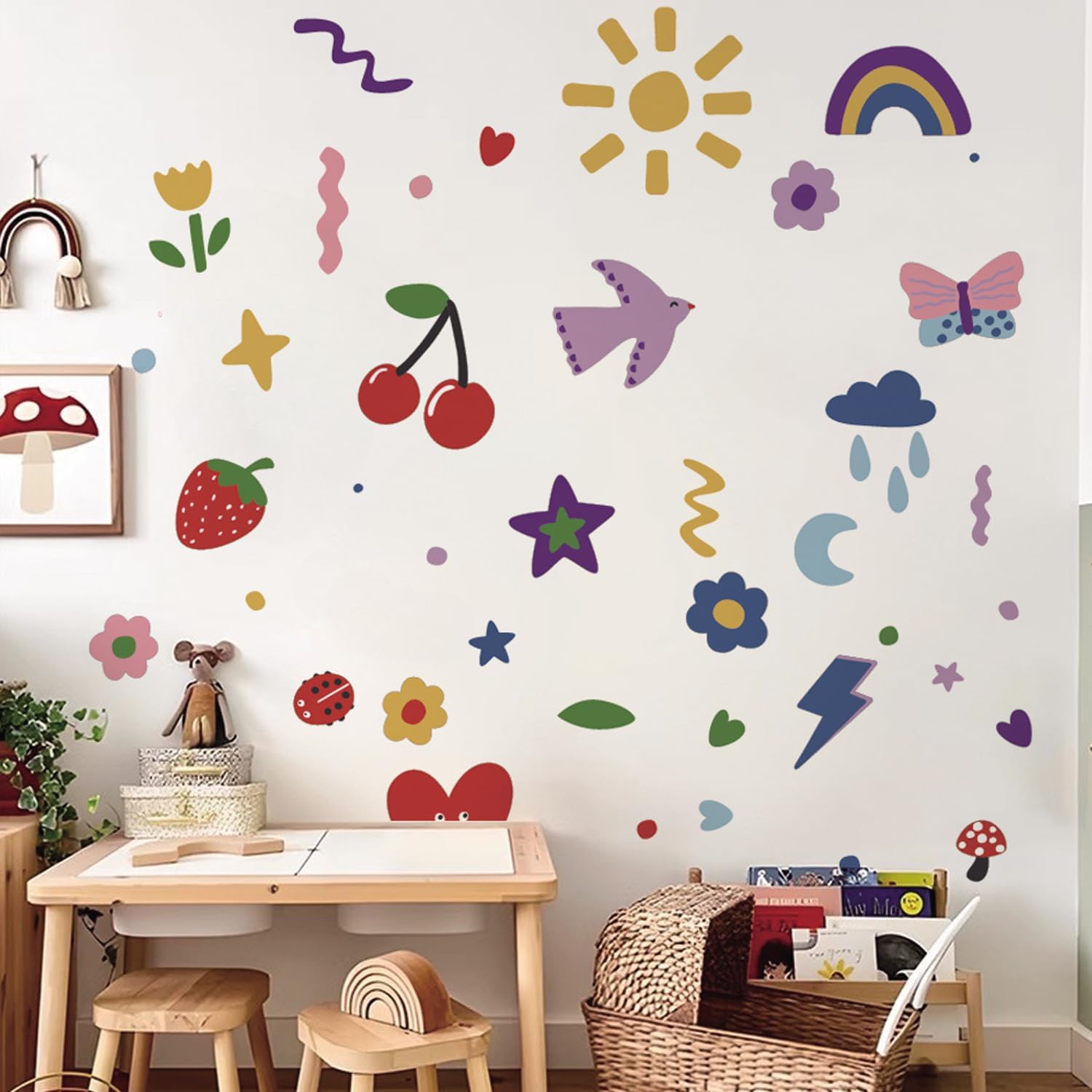 Colorful Rainbow Flowers Fabric Wall Stickers DIY Kids Fun Doodle Decals Removable / Set of 56