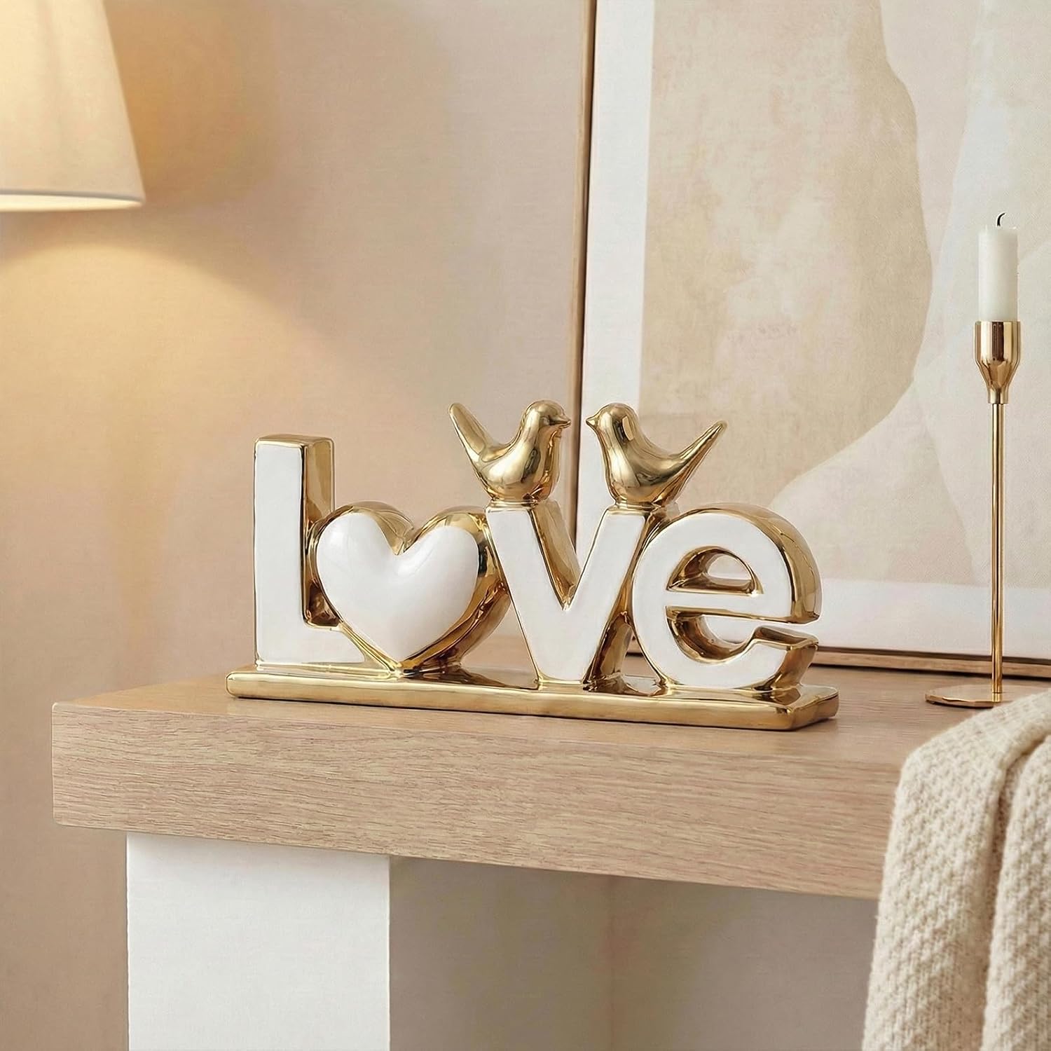 Ceramic Bird Statue / White Gold