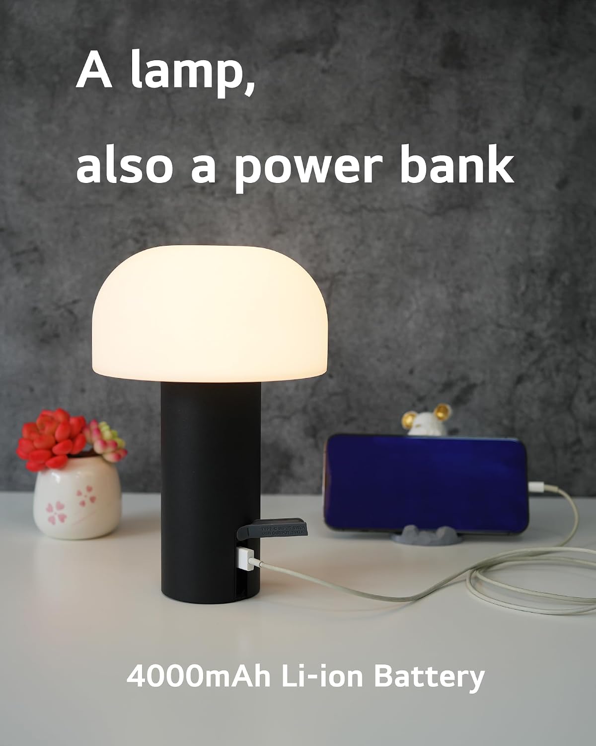 Small Cordless Mushroom Table Lamp, Waterproof Shower Lamp Black | Original Design, Portable Rechargeable, Touch