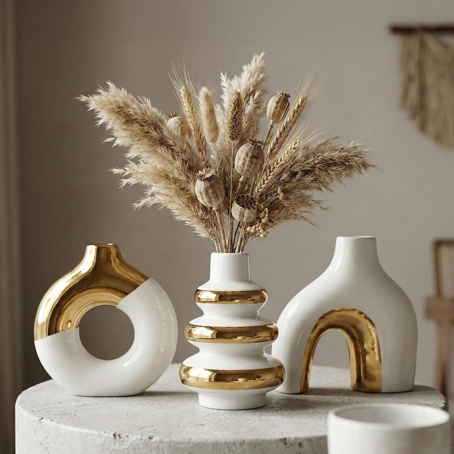 Modern Ceramic Decorative Vase / White and Gold / Set of 3
