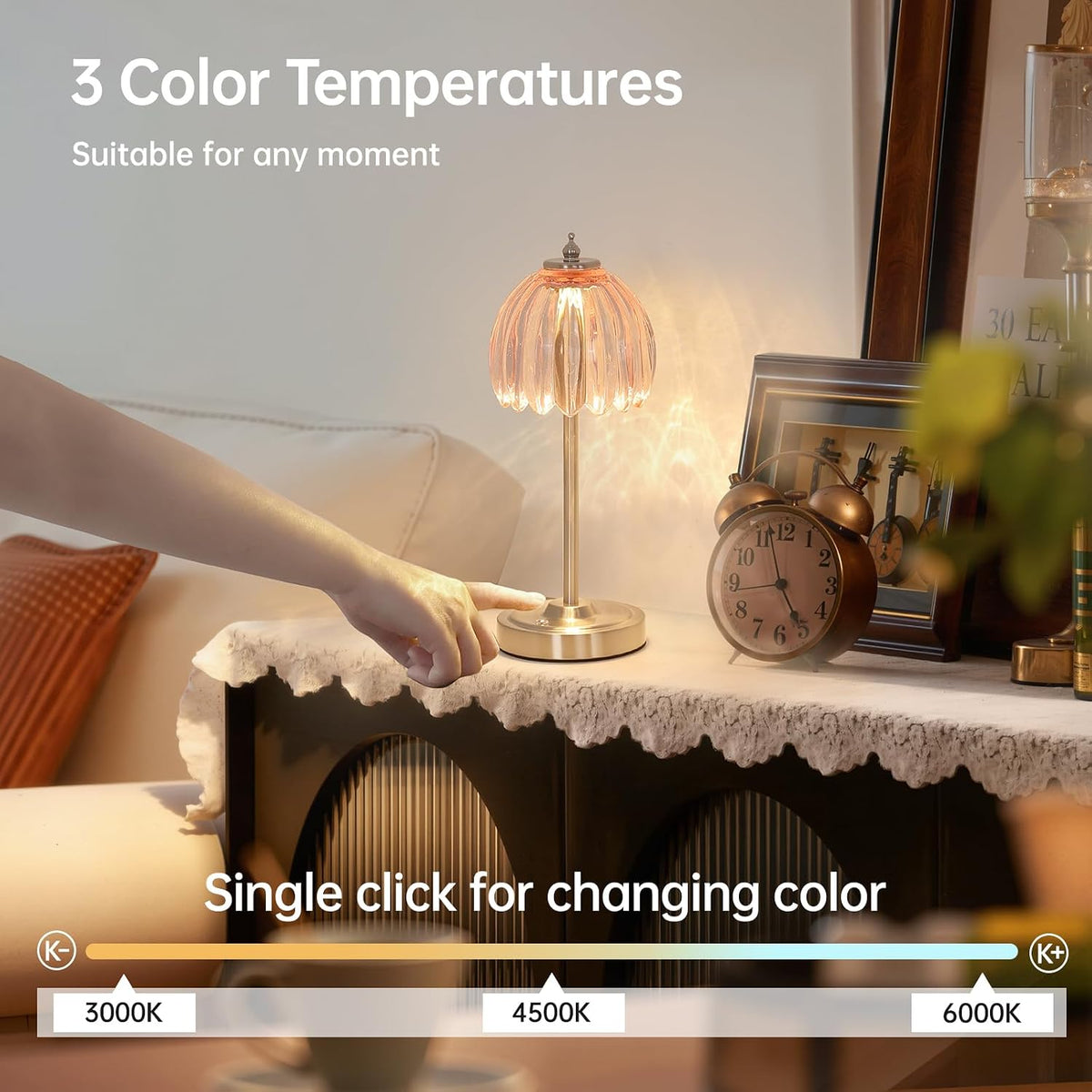 Shenmoyl Tulip Table Lamp with 5200mAh Battery & Touch Control, Cordless Small Table Lamp with 3 Colors, Dimmable