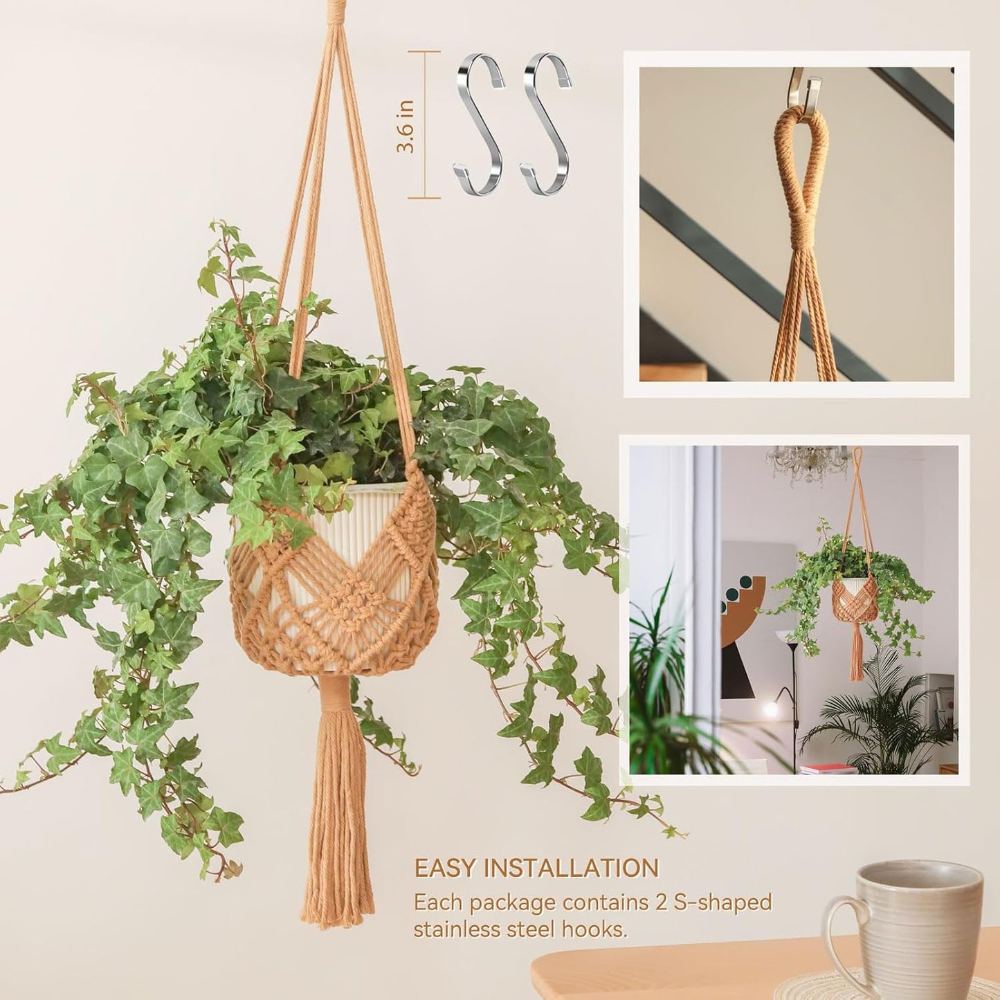 2Packs Macrame Plant Hangers Indoor Macrame for up to Pot Crochet Boho Plant / Caramel / 8 Inch