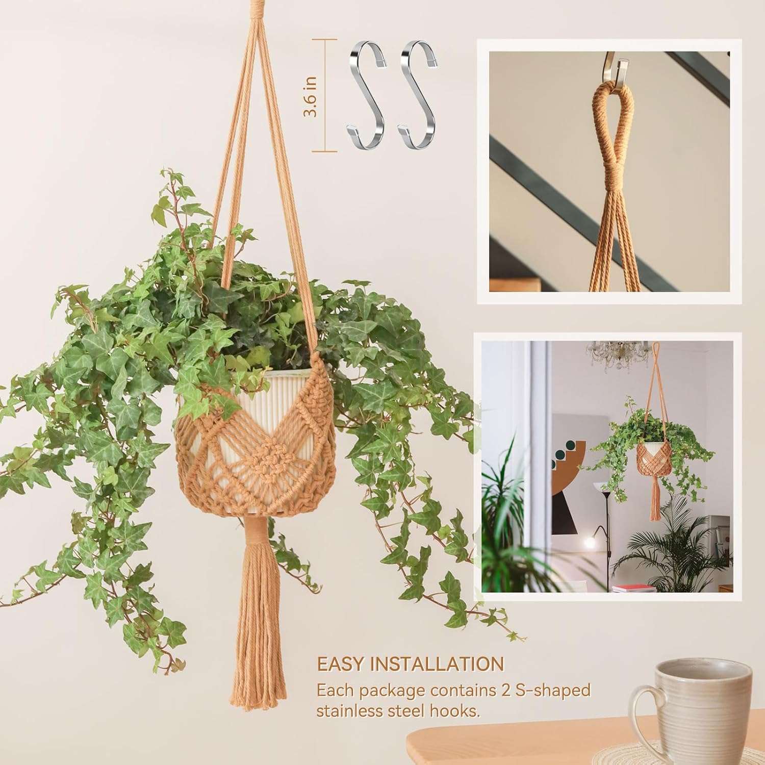 2Packs Macrame Plant Hangers Indoor Macrame for up to Pot Crochet Boho Plant / Caramel / 8 Inch