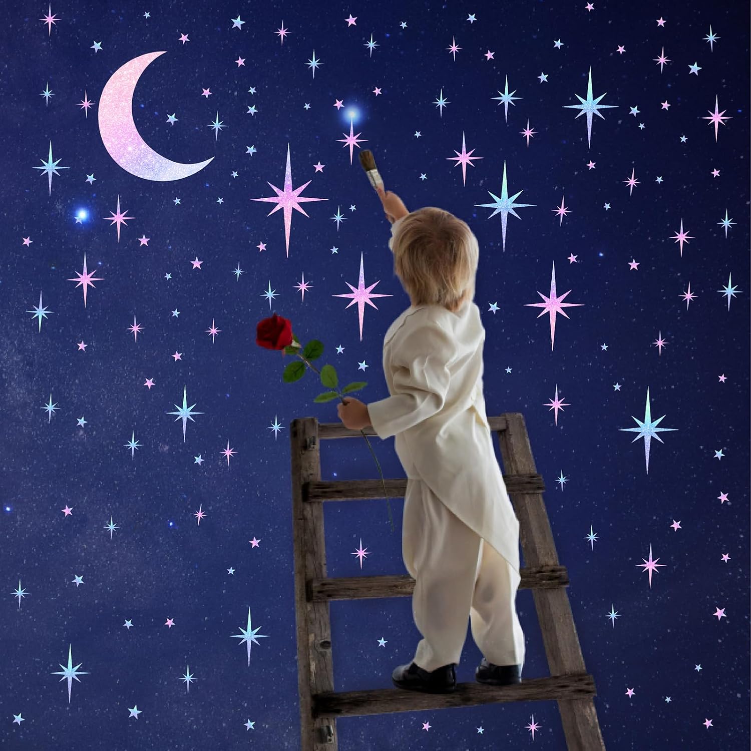 Retro Star Wall Decals Sparkle Wall Decal Peel and Stick Rainbow Star Moon Stickers / Colorful Satr