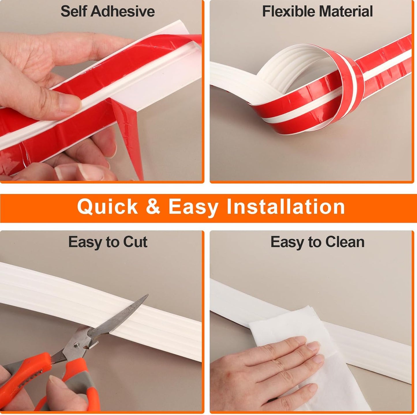 Self-Adhesive Flexible Trim Molding for Inside & Outside Corners / 1.6" W x 20' L / White