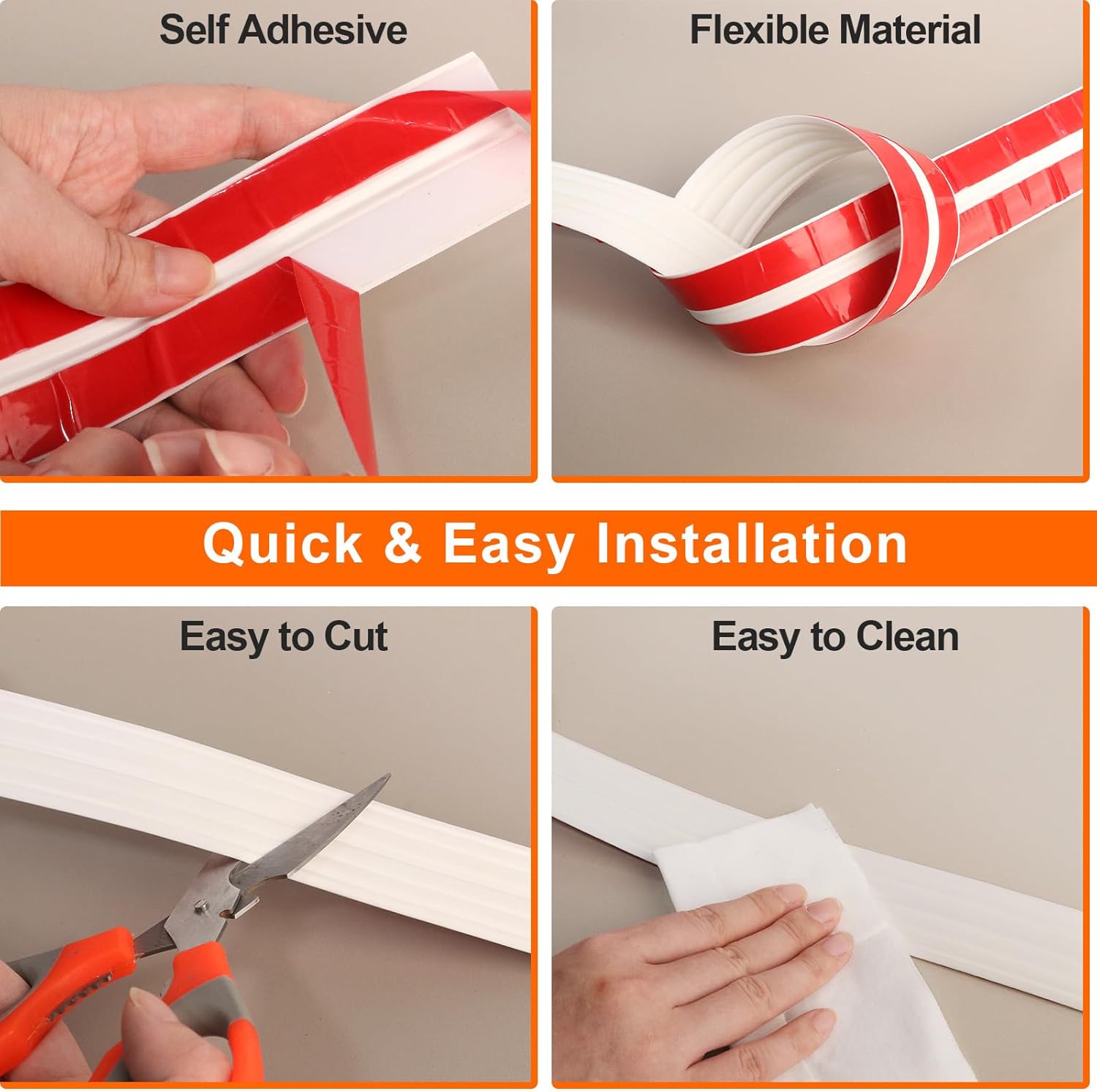 Self-Adhesive Flexible Trim Molding for Inside & Outside Corners / 1.6" W x 20' L / White