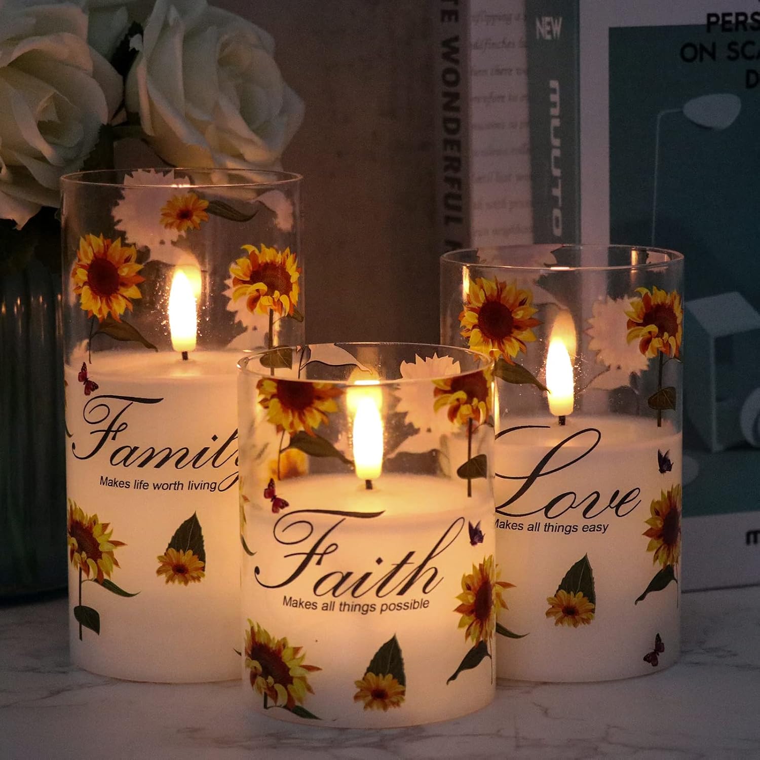 Sunflower Glass Flameless Candles Battery Operated Remote Timer | LED Flickering Pillar Candles, Real Wax 3D Wick Long