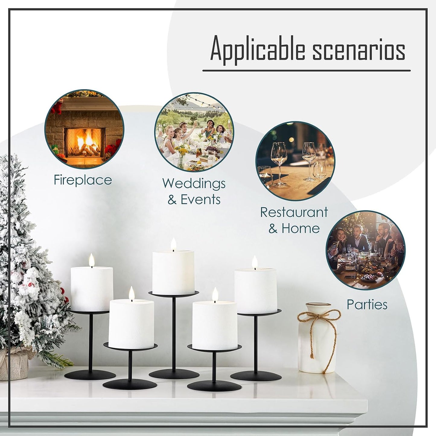 smtyle Black Candle Stands for Pillar Candles, Reversible Set of 5 | Five reversible stands create a broader tiered