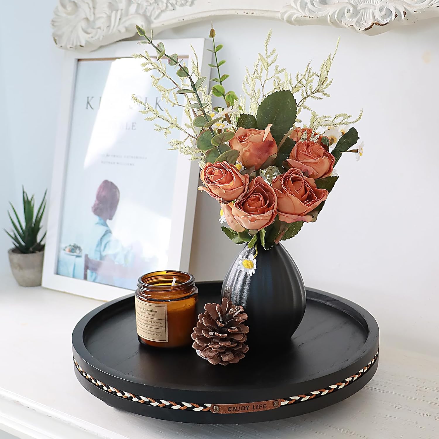Farmhouse Decorative Round Tray / Black with Stripes / 11.81 Inch