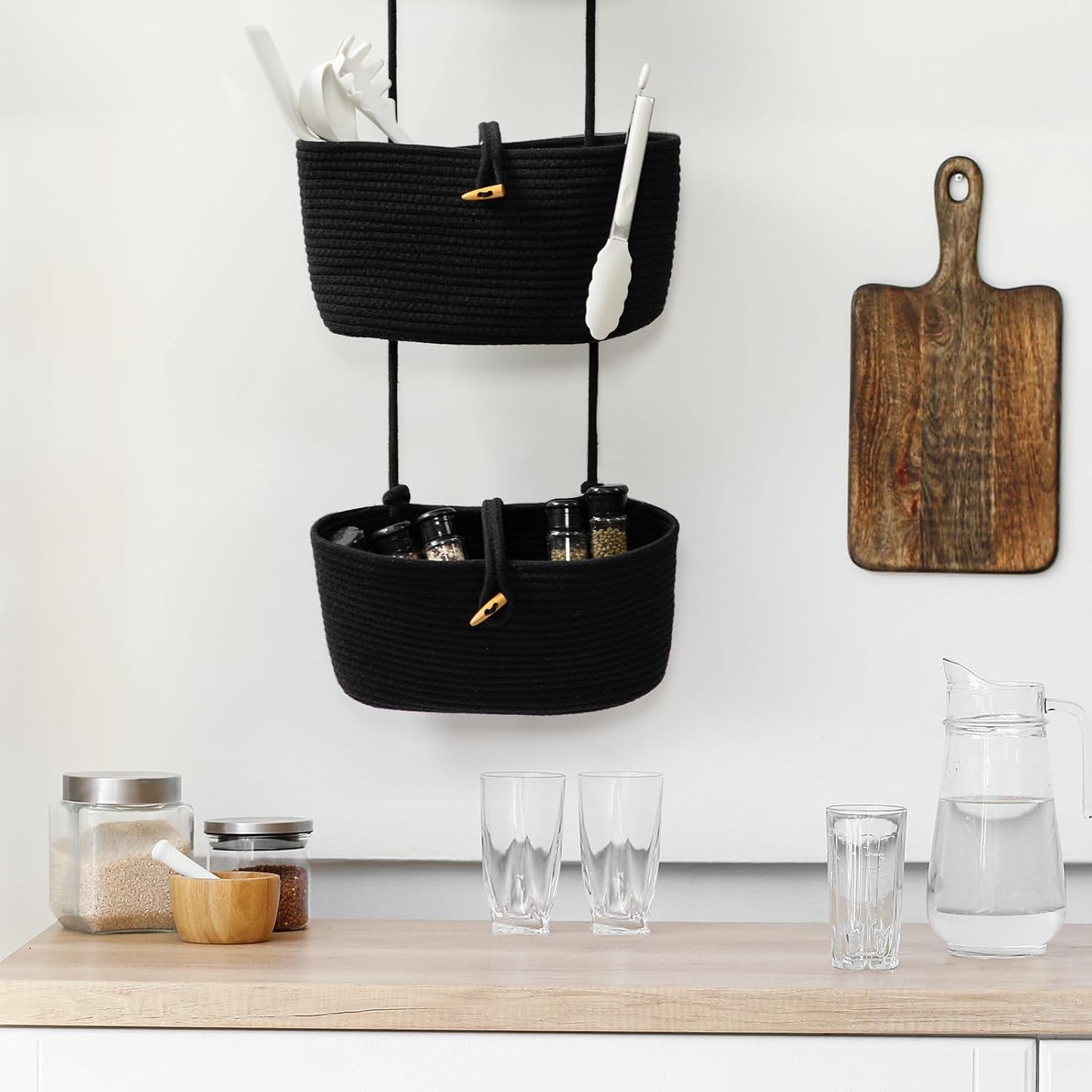 3-Tier Woven Cotton Storage Organizer Bag / Black / 3 Tier+button