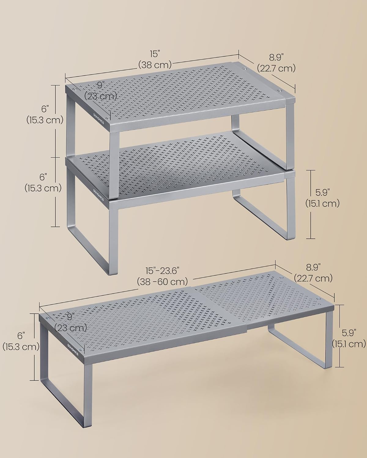 SONGMICS Spice Rack, Expandable Kitchen Countertop Shelf, Steel | Set of 2 small cupboard organizers, space-saving