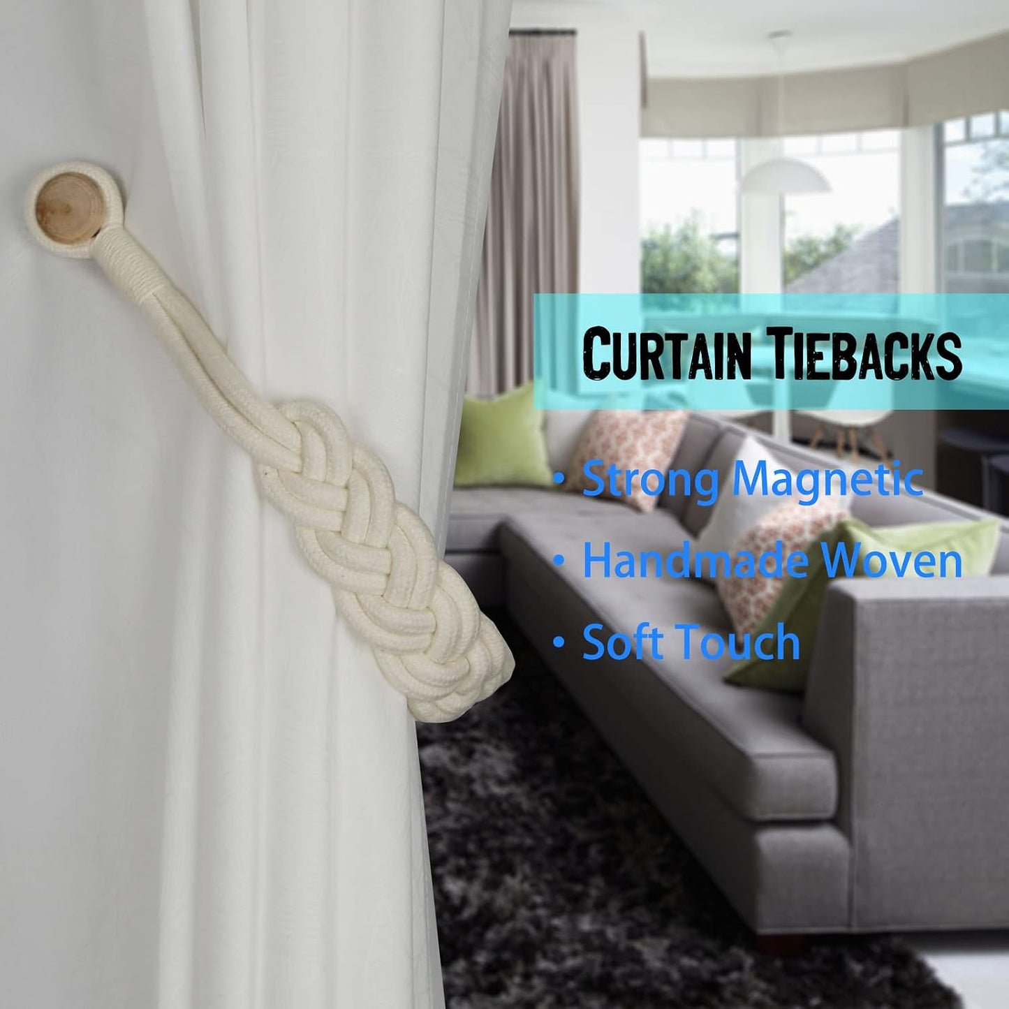 BEL AVENIR Curtain Tiebacks Magnetic 4 Pack Woven Drapery Holdback | Handmade Curtain Ties, No Drill, for Outdoor