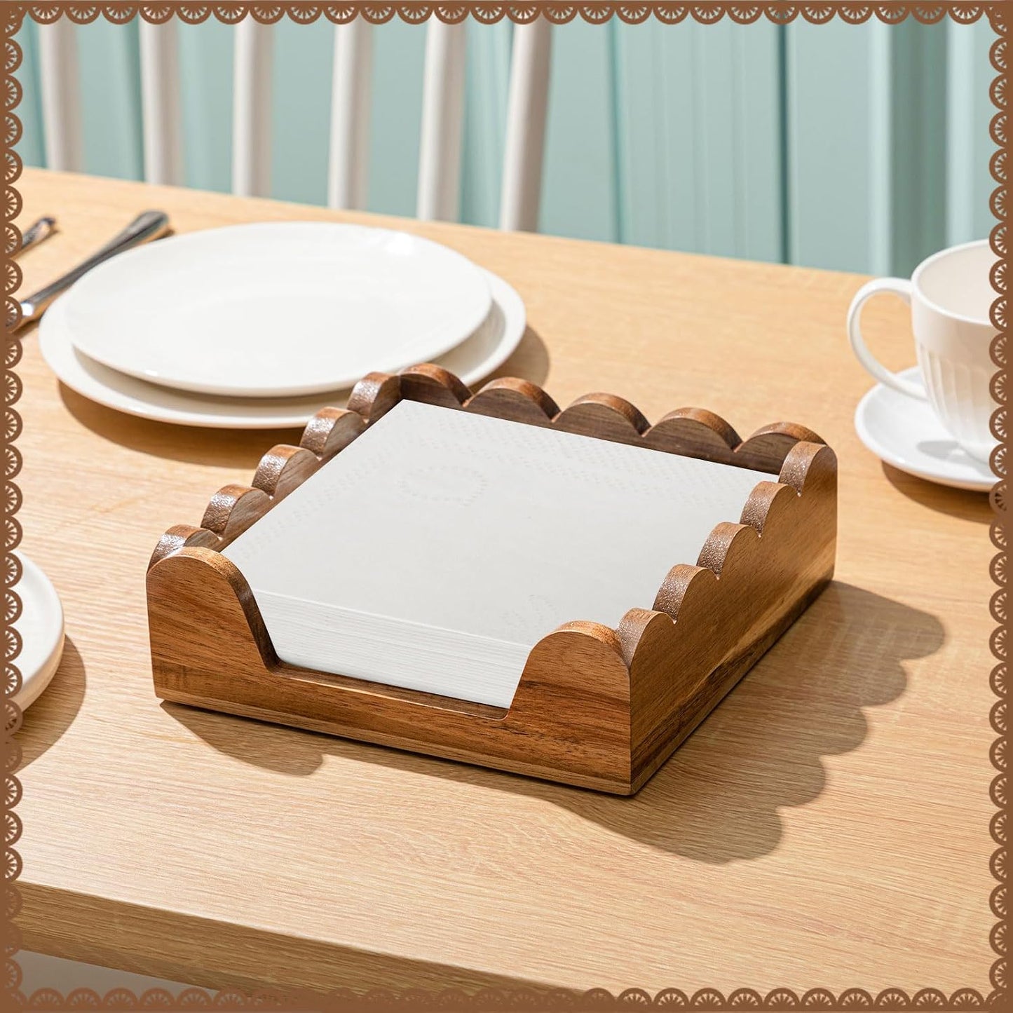 Scalloped Guest Napkin Holder Wooden Guest Towel Holder Tray / Square
