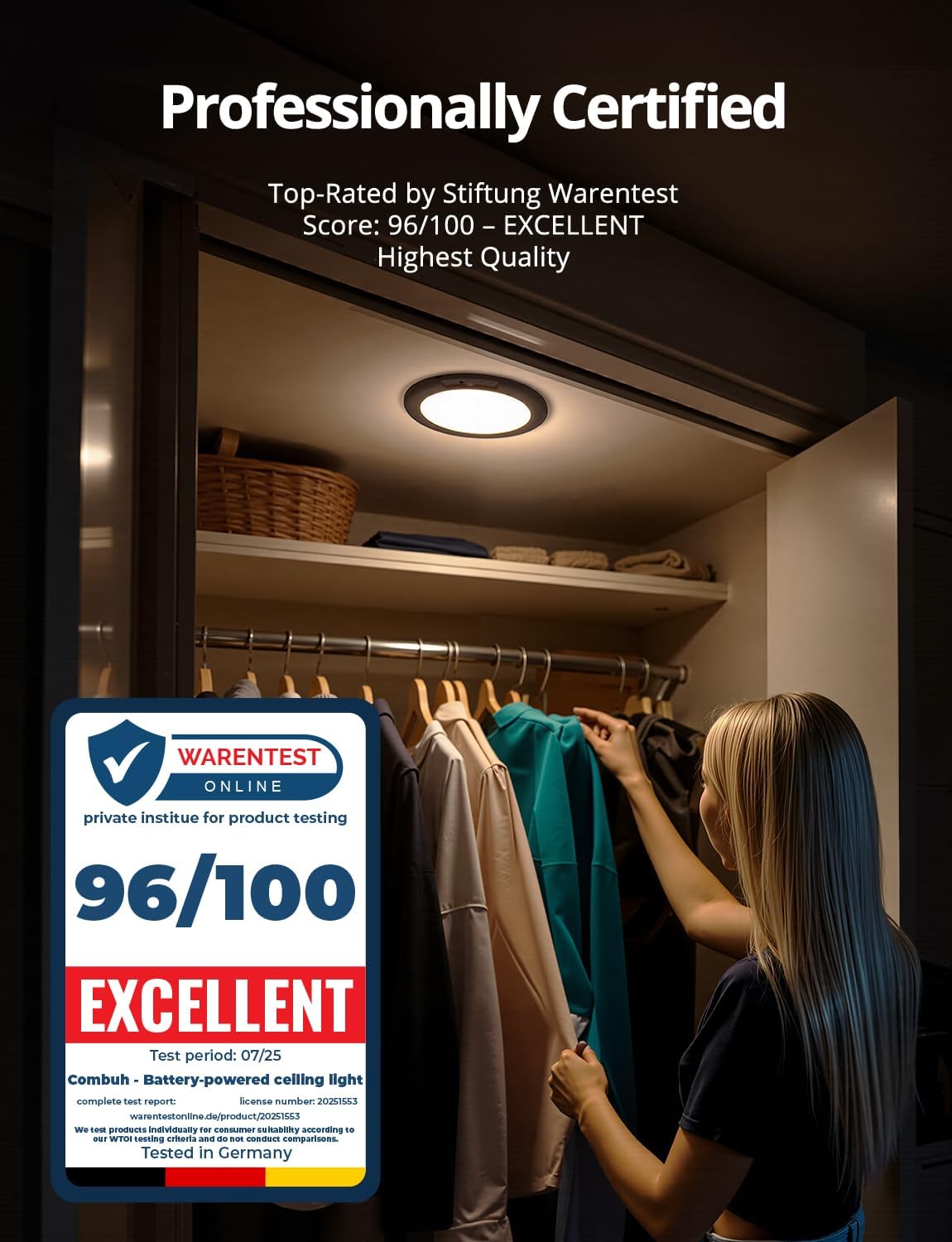 Black Battery Powered Motion Sensor Ceiling Lights Wireless, Rechargeable 60 Day Battery Operated Waterproof Inside