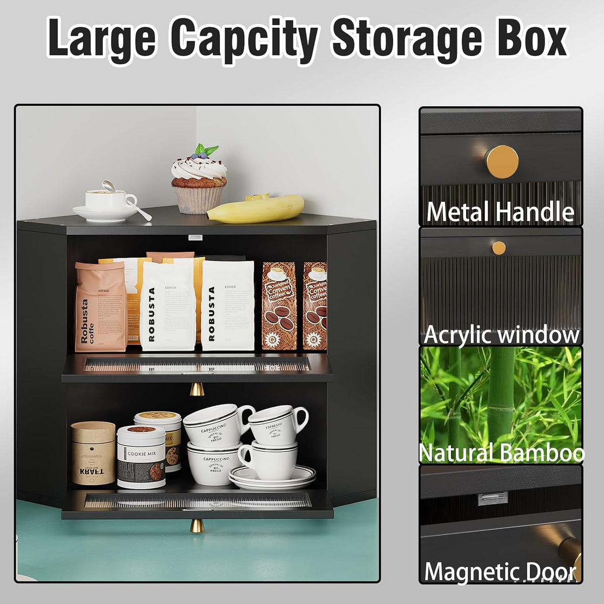 Trironsun Corner Bamboo Bread Box for Kitchen Counter Double Layer Bread Storage Container Large Capacity Bread Storage
