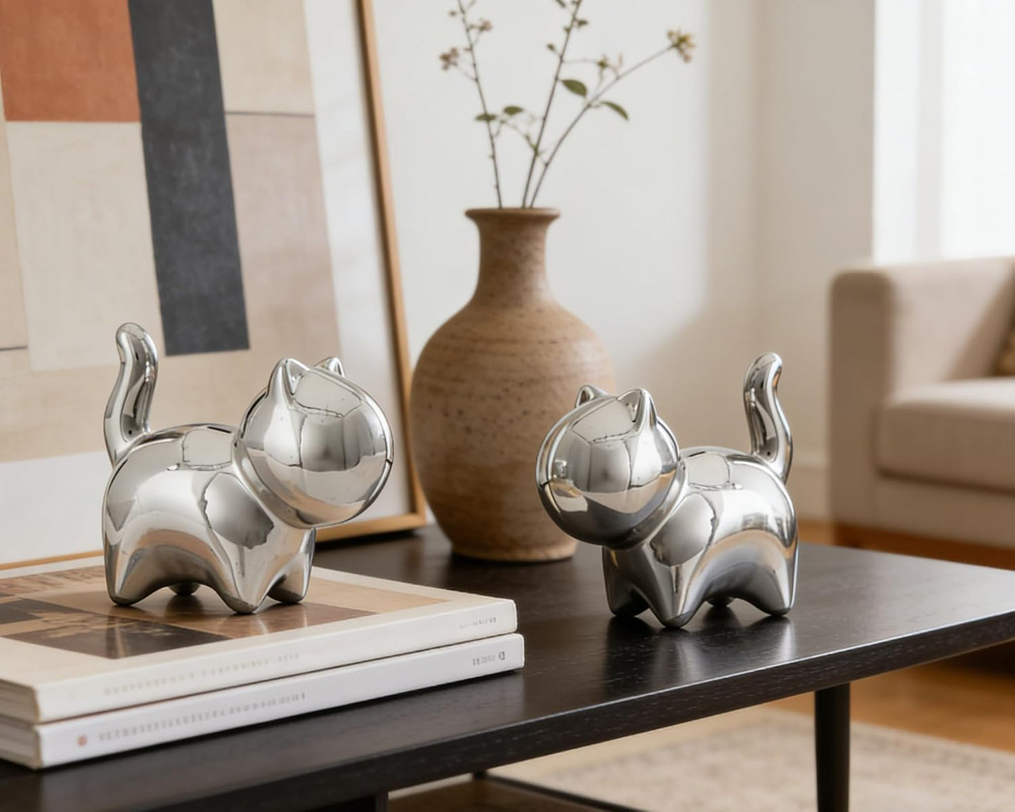 Ceramic Cat Figurines / Silver / 3 Inch / Set of 2