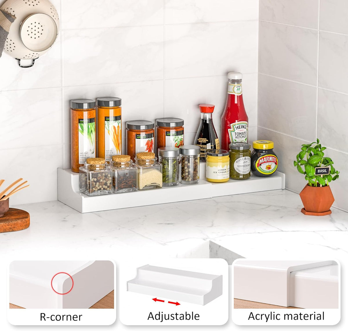 Sezanrpt Expandable Spice Rack Cabinet Organizer 2 Tier, White Kitchen Counter Display Shelf, Seasoning Organizer for