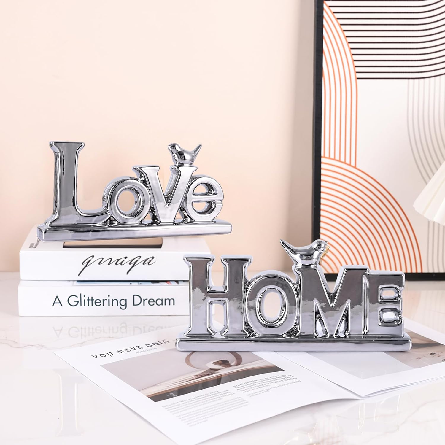 Abstract Statue / Love Sign Decor / Silver / Set of 2