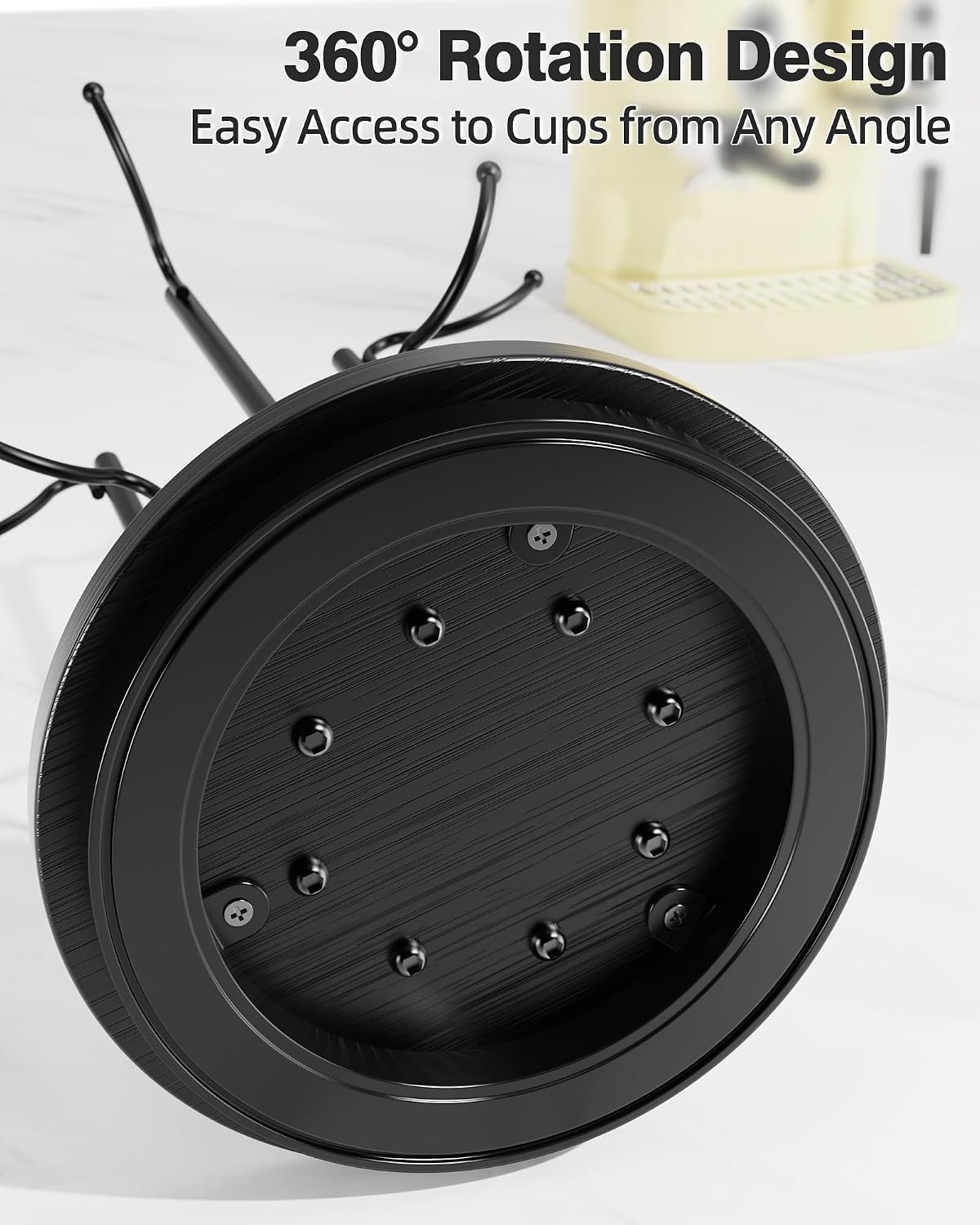 8-Hook 360° Rotating Large Coffee Mug Tree for Counter, Wood Base, Black | 360° rotation, 8 mugs (12-16oz), 5.7"