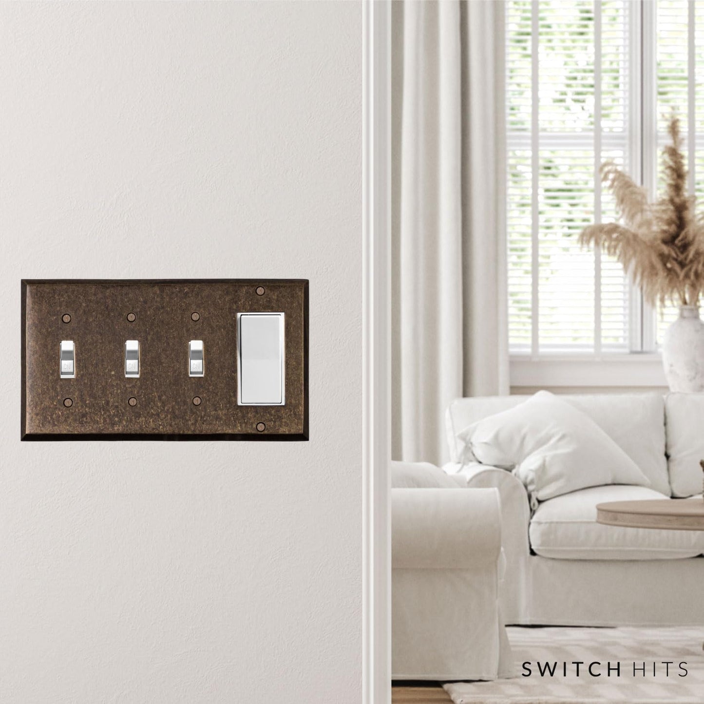 Triple Light Switch Plate Outlet Cover GFCI Wall Plate | 3 Toggle - 1 Rocker Mottled Antique Brass Electrical Faceplate