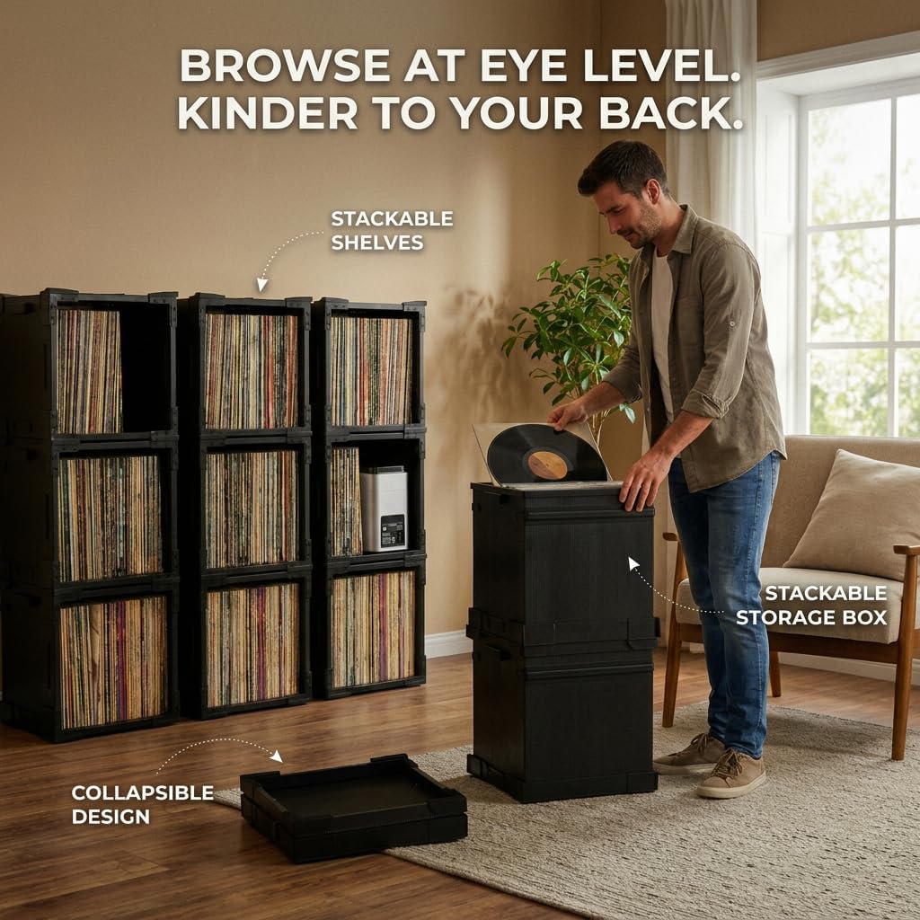HumminGuru FlexiCube Vinyl Record Storage Box – Stackable Organizer for 12” Records, Holds 70 LPs | Modular Vinyl Shelf