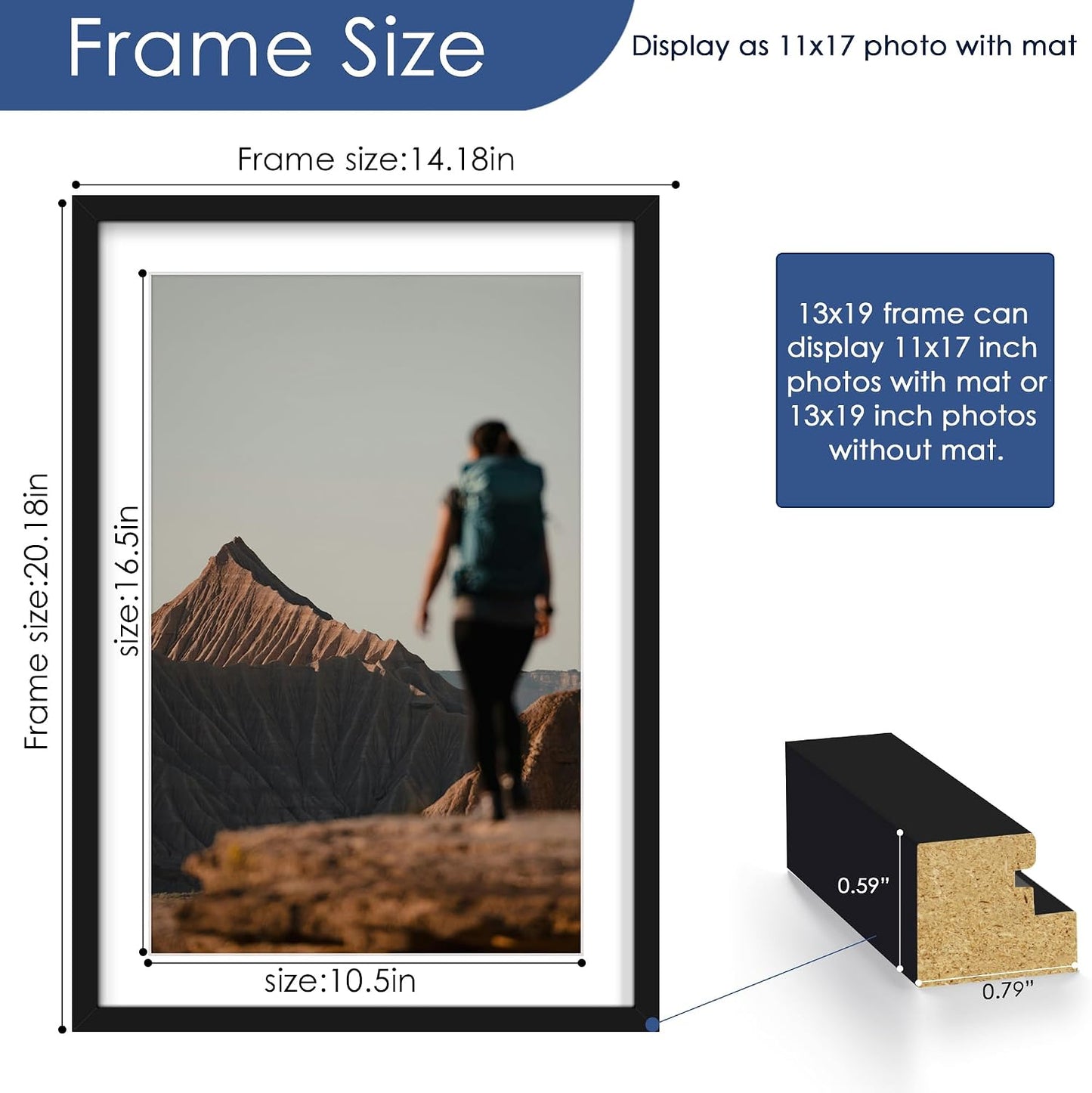 13x19 Picture Frame Set of 6, Wall Mounting Display, Black | Display 11x17 with Mat or 13x19 Without Mat, Horizontal or