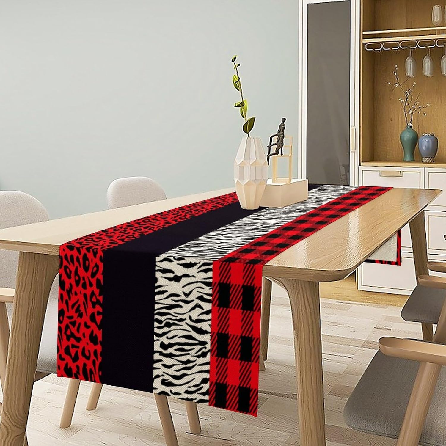 Leopard Print Table Runner Red Black Zebra Stripe Cheetah Print African Wildlife Pattern Geometric Splice Pattern